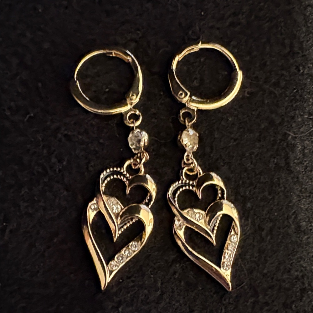 Gold over Sterling Silver Hoop Dangle Double Heart Earrings